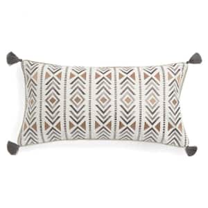 Santa Fe Grey, Cream, Tan Embroidered Geometric Ikat Design with Corner Tassels 20 in. x 20 in. Throw Pillow