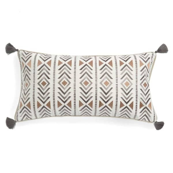 LEVTEX HOME Santa Fe Grey, Cream, Tan Embroidered Geometric Ikat Design with Corner Tassels 20 in. x 20 in. Throw Pillow