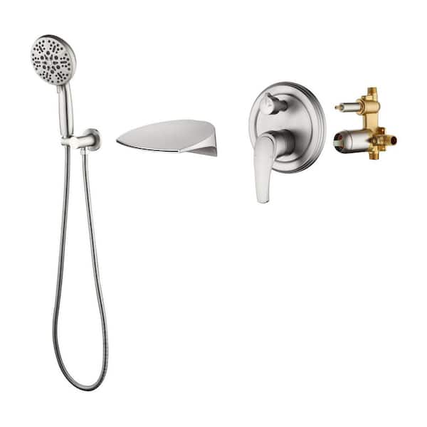 Waterfall 1.8 GPM 7-Spray Roman Tub Faucet with Hand Shower Brass Wall-Mount Bathtub Fillers in Brushed Nickel