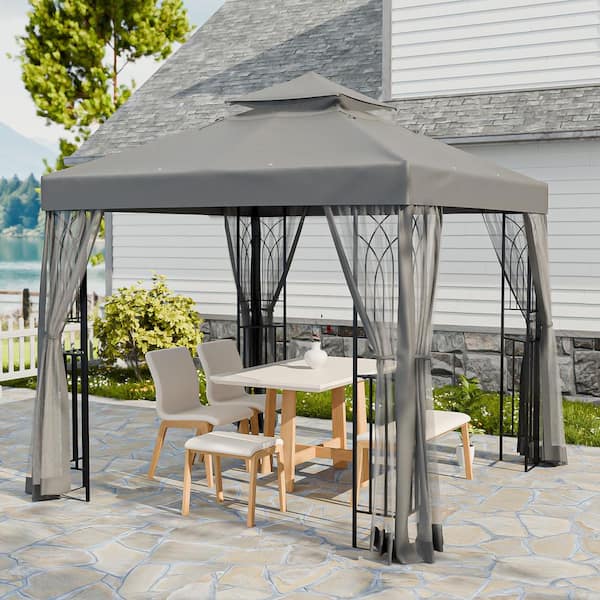 8 ft. x 8 ft. Gray Outdoor Garden 2-Tier Vented Soft Top Gazebo with Built-in Ceiling Hook, Corner Shelves, Netting