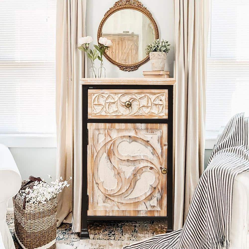 White Fir Wood and Black Iron Bohemian Nightstand with Storage