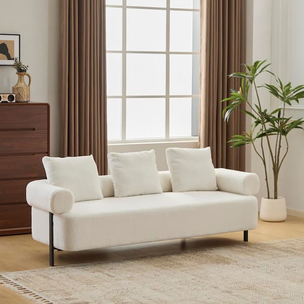 Orvane Modern 78.35 in. Round Arms Boucle Fabric Upholstery Rectangle 3-Seats Sofa in Beige with Pillows, Metal Legs
