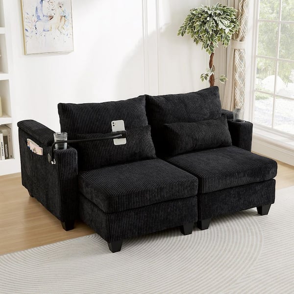 2人掛け・3人掛けソファ 2 seat black sofa bed (double shape) Qualler 63 in. Corduroy 2-Seater Convertible Chaise Lounge
