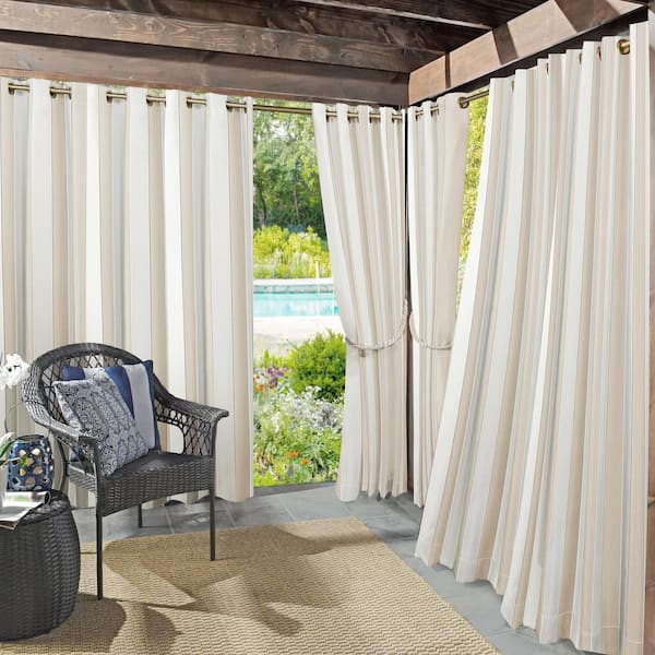 Sun Zero Valencia Cabana Stripe Indoor/Outdoor UV Protectant Curtain Panel in Khaki-54 in. W x 108 in. L