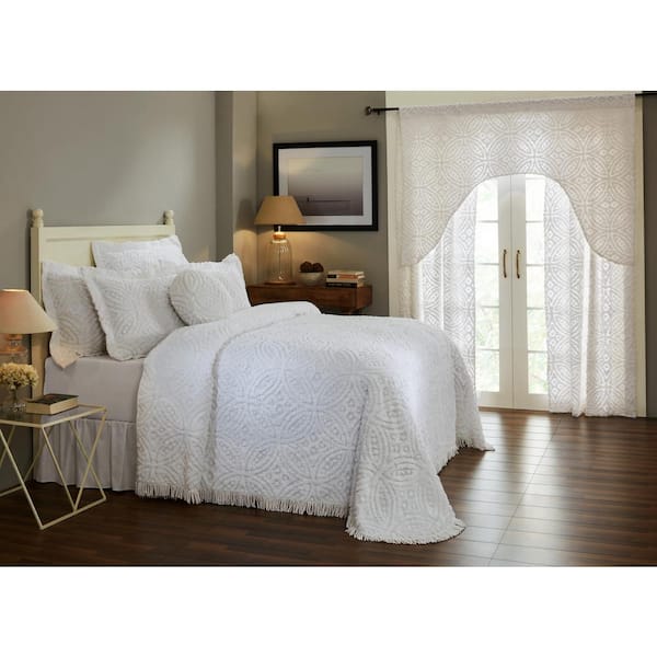 Better Trends Wedding Ring Collection White Queen 100% Cotton Tufted Unique Luxurious Soft Plush Chenille Ring Design Bedspread
