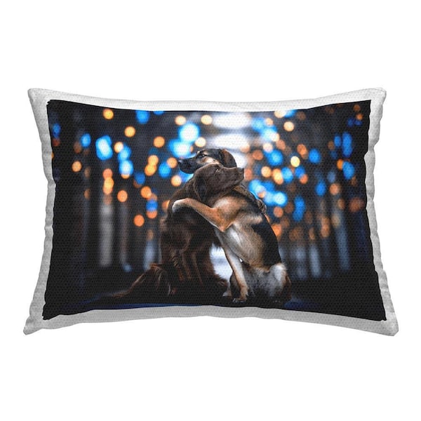 Hugging Dogs Among Bokeh Outdoor Printed Throw Pillow by Natalie Grosse