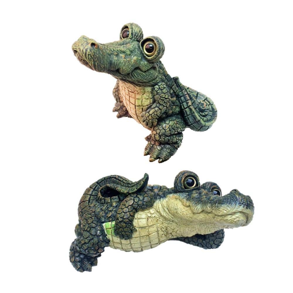 Whimsical Green and Beige Resin Alligator Garden Statue Set