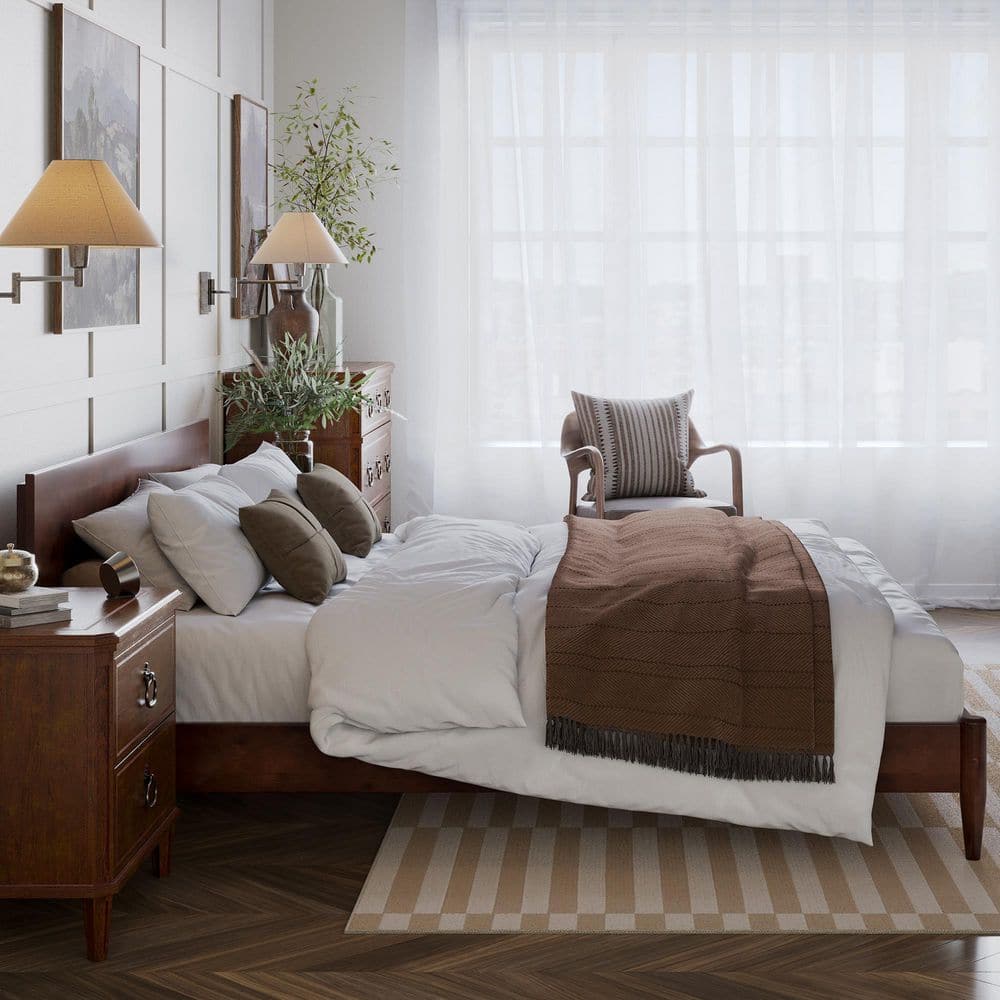 Aria King Walnut Wood Low Profile Platform Bed with Headboard