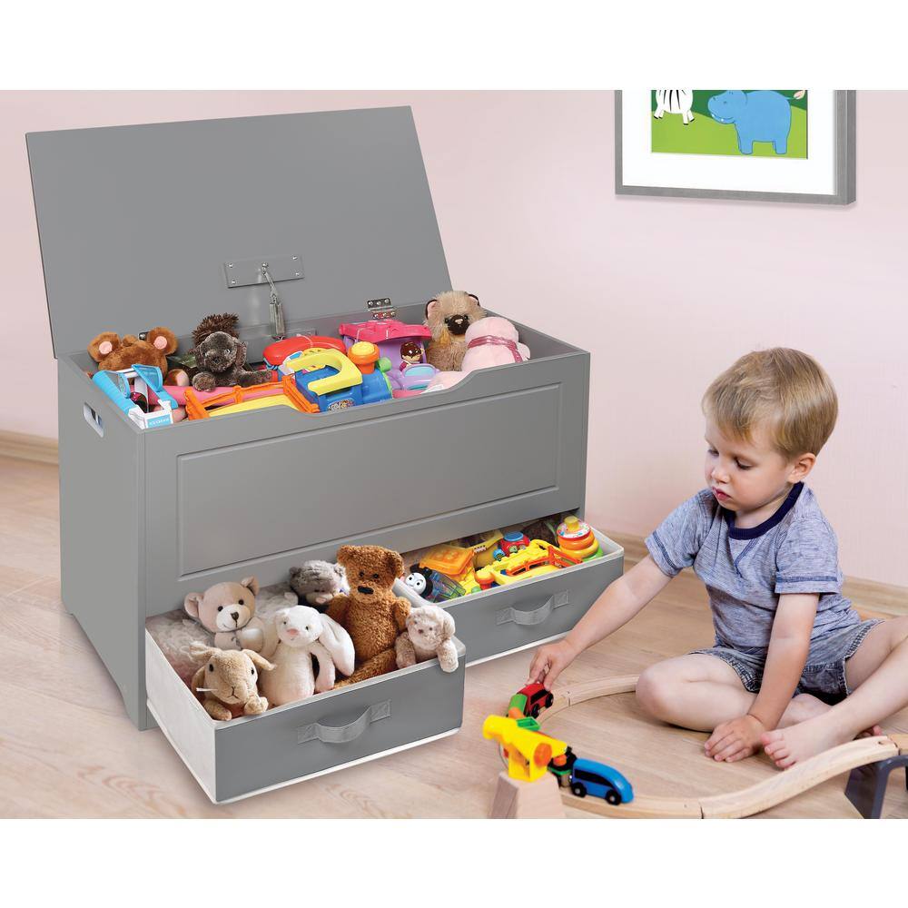 Gray MDF Toy and Storage Box with Two Fabric Baskets