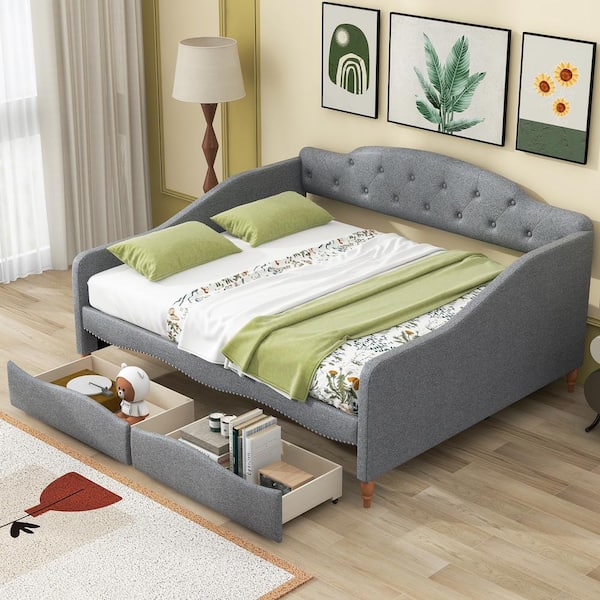 Harper & Bright Designs Button-Tufted Gray Wood Full Size Linen Upholstered Daybed with 2-Drawer and Nailhead Trim