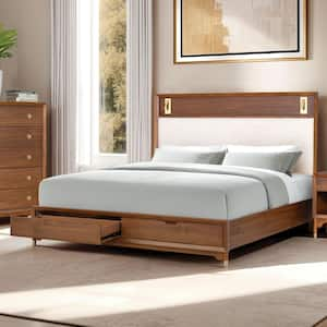 Forma Mid Century Brown Walnut RubberWood Frame Queen Platform Bed With Reading Lights and 2 Storage Drawers