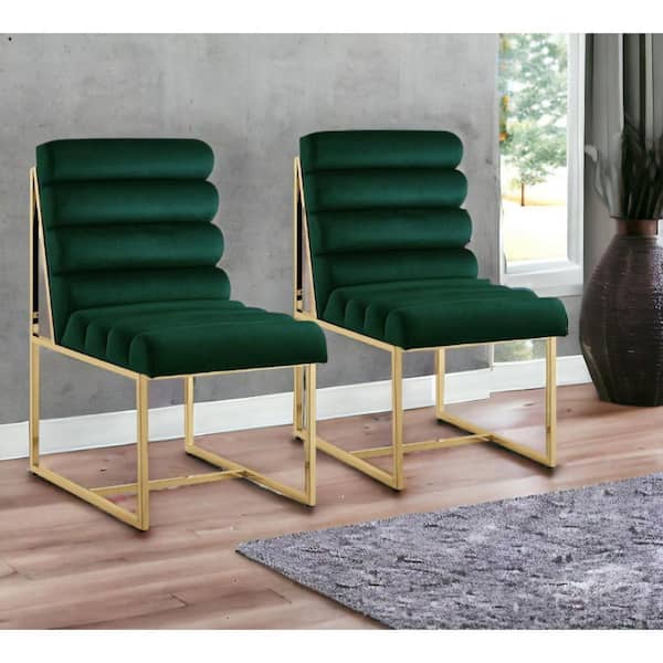 HomeRoots Tufted Hunter Green And Gold Upholstered Velvet Side Chair (Set Of 2)