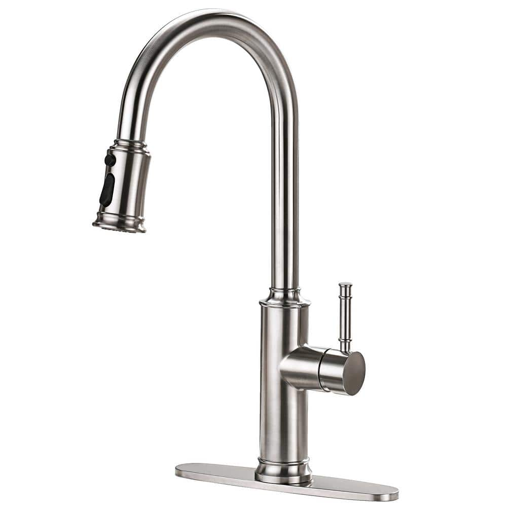 Single Handle Pull Down Sprayer Kitchen Faucet with 3 Spray Mode , Pull Out Sprayer in Brushed Nickel -  ruiling, ATKH-3160-LS