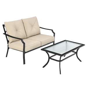 2-Piece Black Metal Outdoor Loveseat Set Cushioned Patio Bench Sofa with Coffee Table with Beige Cushion