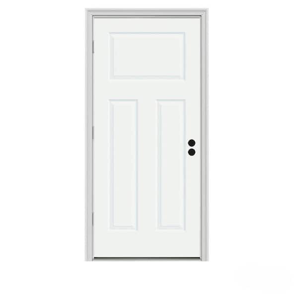 JELD-WEN 30 in. x 80 in. 3-Panel Craftsman White Painted Steel Prehung Right-Hand Outswing Front Door w/Brickmould