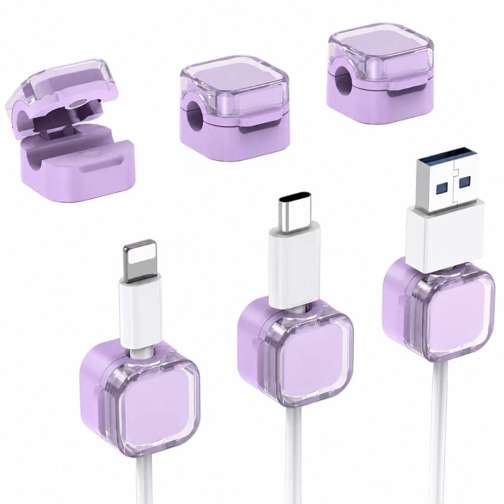 6-Pack Magnetic Cable Organizer Clips with 1-Sec Lock, Adjustable Cord Holders with Adhesive Base, Lavender