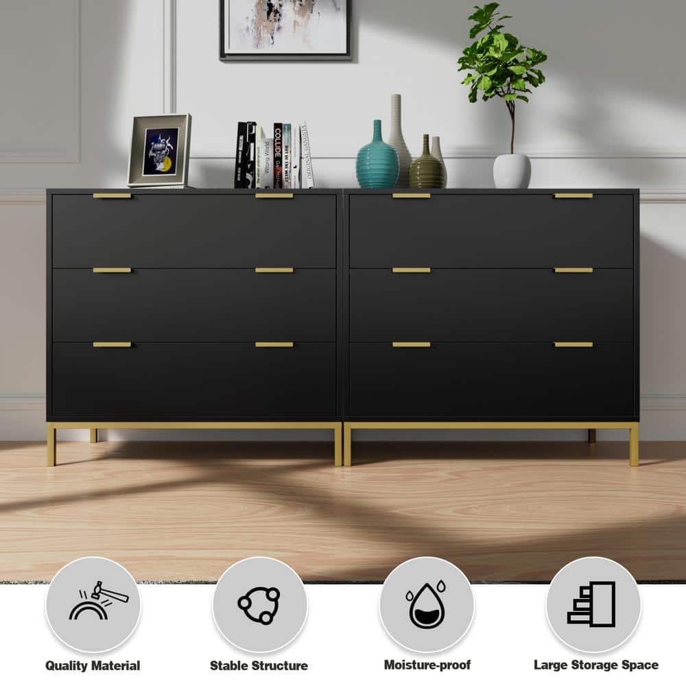 Black and Gold 3-Drawer Mid-Century Modern Chest
