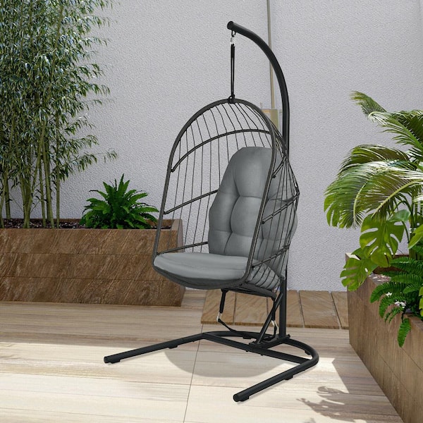 Hanging Hammock Egg Chair Patio Rattan Swing Chair with Stand and Grey Cushions
