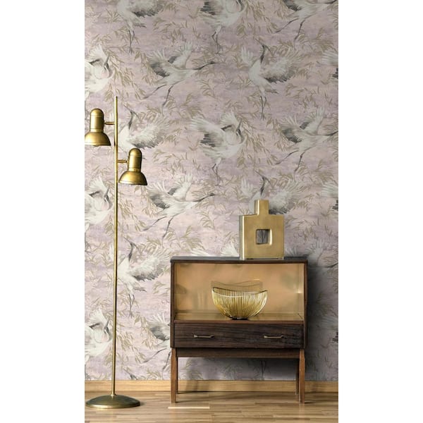 Walls Republic Grey Sarus Crane in the Field Metallic Wallpaper With Non-Woven Material Covered 57 Sq. ft Double Roll