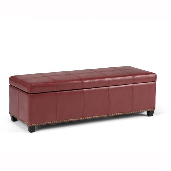 Simpli Home Kingsley 48 in. Transitional Storage Ottoman in Radicchio Red Bonded Leather