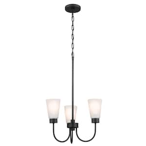 Erma 18 in. 3-Light Black Traditional Shaded Circle Dining Room Chandelier with Satin Etched Glass Shades