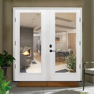 72 in. x 80 in. Reliant Series Clear Full Lite White Primed Left-Hand Outswing Fiberglass Double Prehung Patio Door