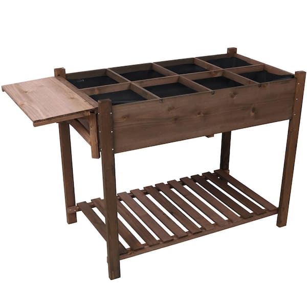 Misopily 49 in. Brown Wood Rectangular 8-Pocket Outdoor Raised Beds with Foldable Side Table, Storage Shelf and Drainage Holes