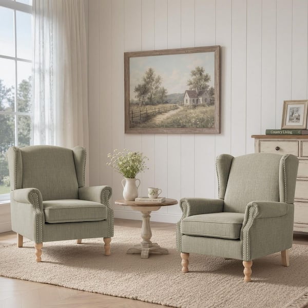 OrangeOne Gray Green Linen Wingback Chair Set of 2 with Nailhead