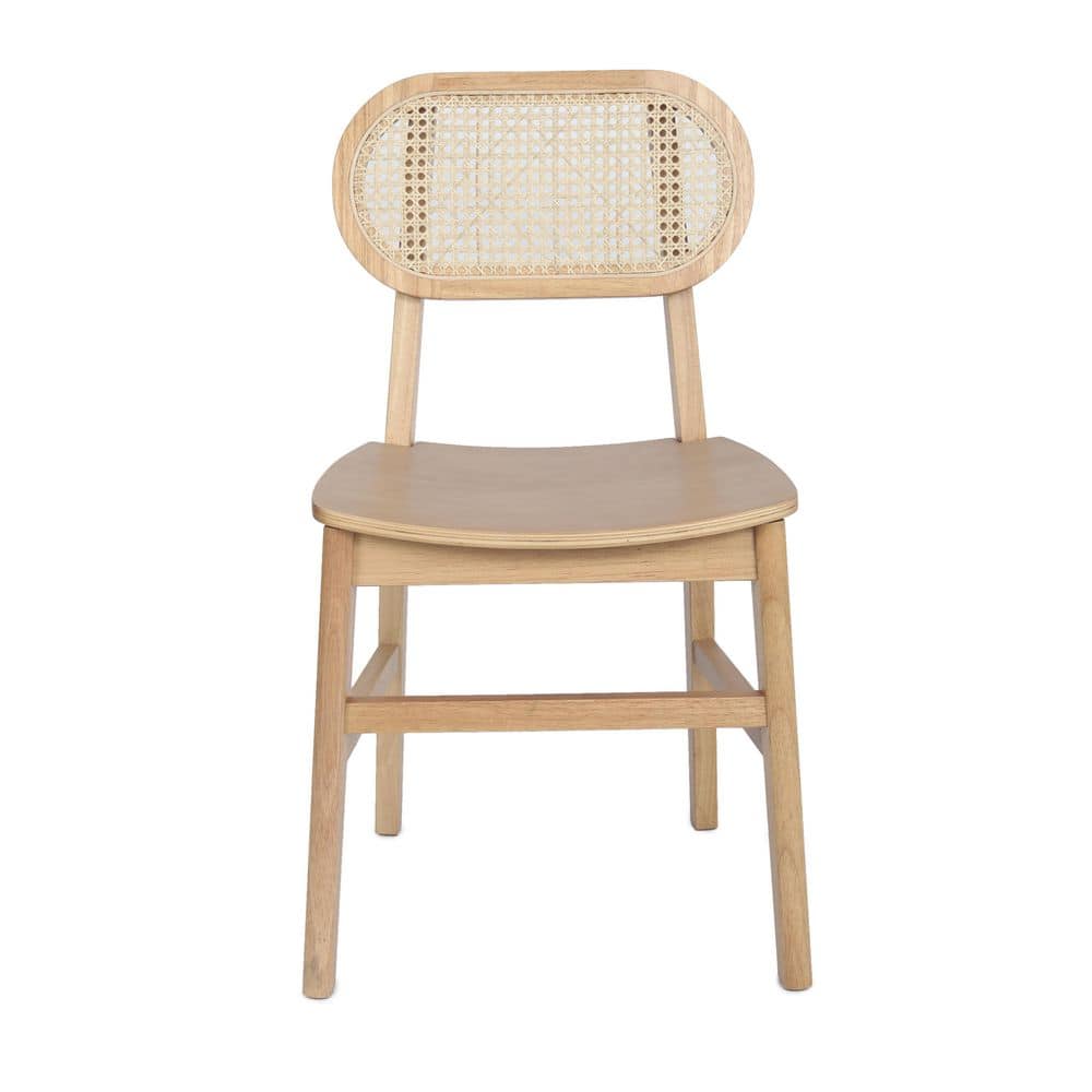 Natural Wood and Cane High Back Dining Chairs, Set of 2