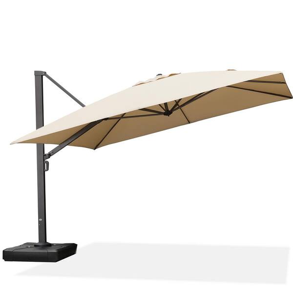 PURPLE LEAF 12 ft. Square Aluminum Large Outdoor Cantilever 360-Degree Rotation Patio Umbrella with Base in Ground, Beige