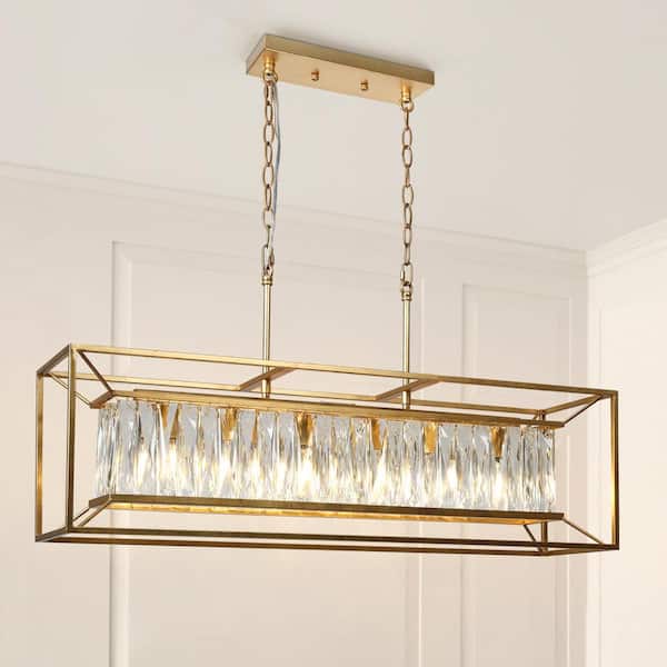 LNC Bulbophyllum 6-Light Vintage Goldleaf Crystal Island Chandelier with Rectangle Cage and No Bulb Included