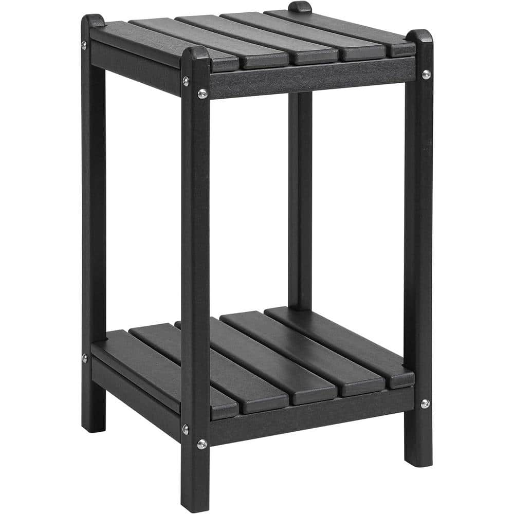 Black Rectangle HDPE Outdoor Side Table with Storage Shelf for Backyard Poo