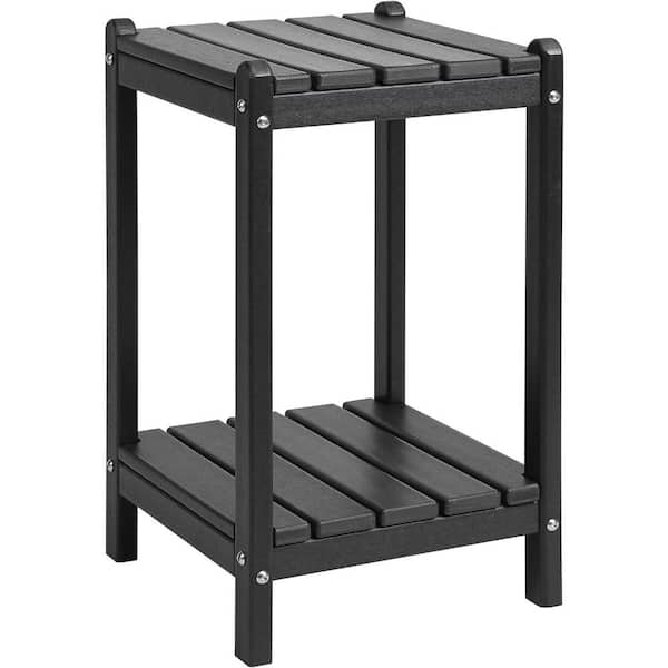 Unbranded Black Rectangle HDPE Outdoor Side Table with Storage Shelf for Backyard Pool