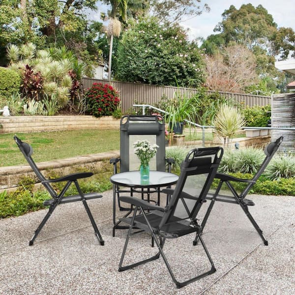 Clihome 4-Piece Gray Metal Outdoor Recliner Patio Garden Adjustable Reclining Folding Chairs with Headrests