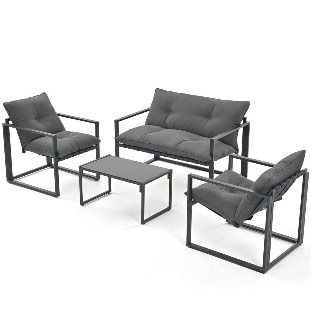 PamaPic 4-Piece Metal Outdoor Patio Conversation Set with Gray Cushions ...