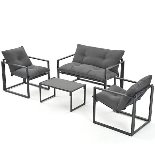 PamaPic 4-Piece Metal Outdoor Patio Conversation Set with Gray Cushions