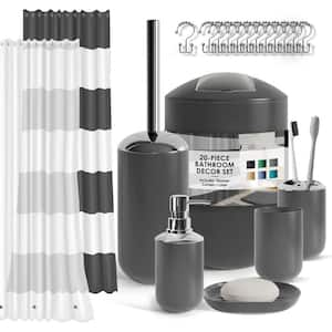 20-Piece Bathroom Accessory Set with Shower Curtain Set, Soap Dispenser, Toilet Brush, and Trash Can in Gray