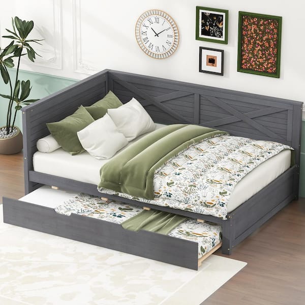 Nestfair Gray Twin Size Wood Daybed with Trundle and Rustic Guardrail