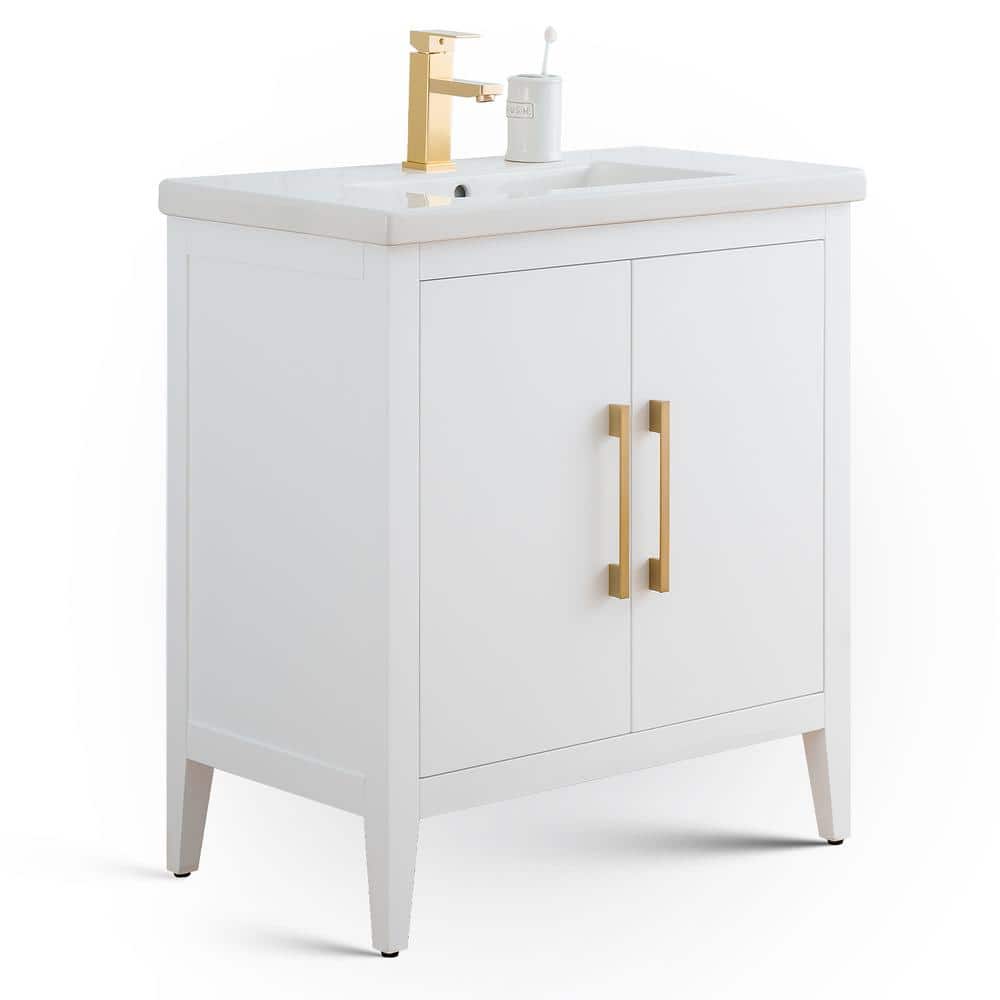 White Poplar Wood 30" Single Vanity with Golden Brushed Accents