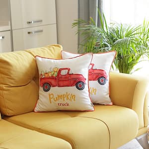 Fall Season Decorative Throw Pillow Red Pumpkin Truck 18 in. x 18 in. White & Red Square Thanksgiving for Couch Set of 2