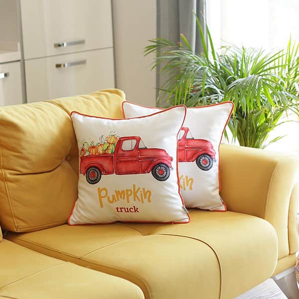 MIKE & Co. NEW YORK Fall Season Decorative Throw Pillow Red Pumpkin Truck 18 in. x 18 in. White & Red Square Thanksgiving for Couch Set of 2