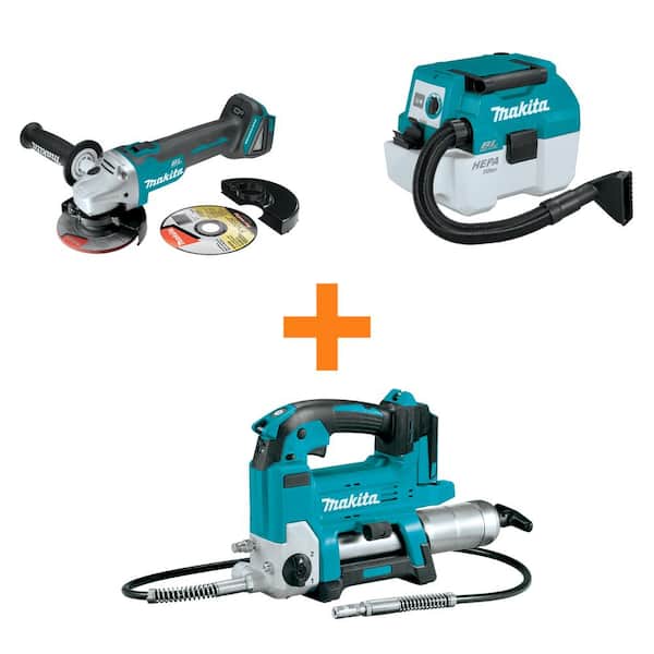 Makita 18V LXT Brushless 4-1/2/5 in. Cut-Off/Angle Grinder and 18V LXT Brushless Wet/Dry Vacuum with bonus 18V LXT Grease Gun