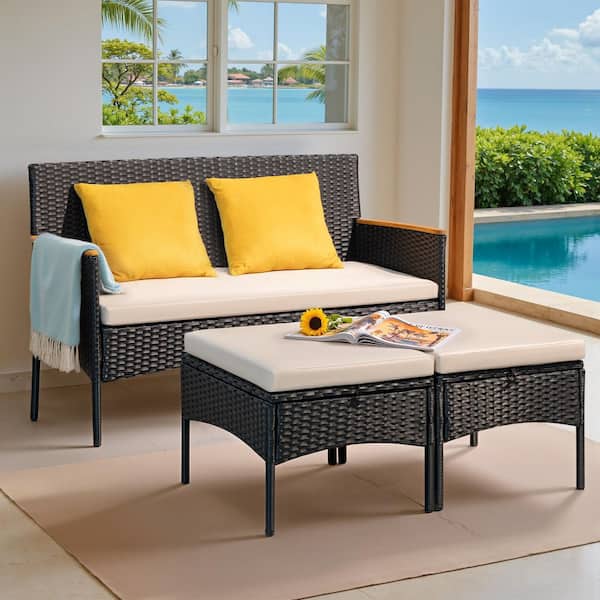 3-Pieces Wicker Outdoor Loveseat Set with Ottomans and Beige Cushions