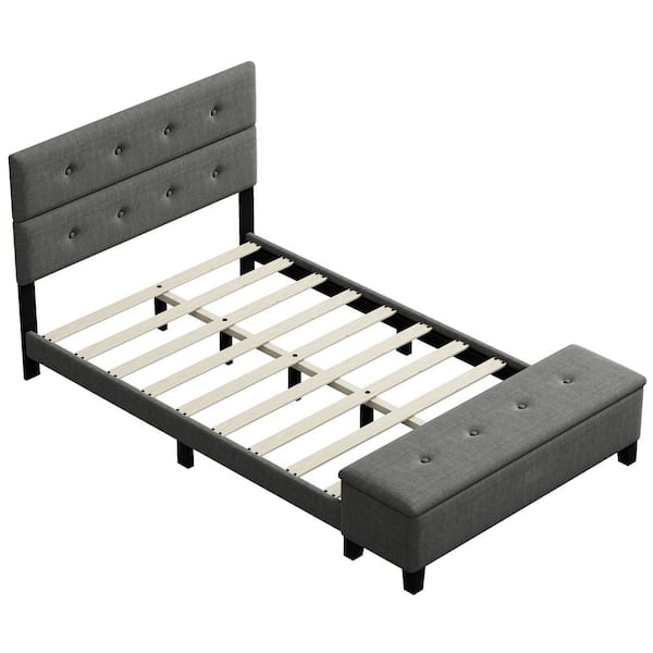 ANBAZAR Full Size 54 in. W Gray Upholstered Platform Bed with Tufted Headboard Wood Platform Bed Frame with Storage Ottoman