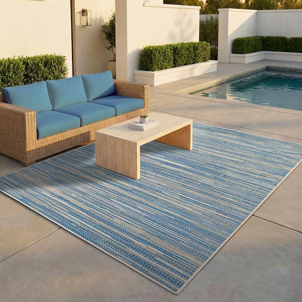 Monaco Alassio Sand-Azure-Turquoise 2 ft. x 4 ft. Striped Low-Profile Indoor/Outdoor Area Rug