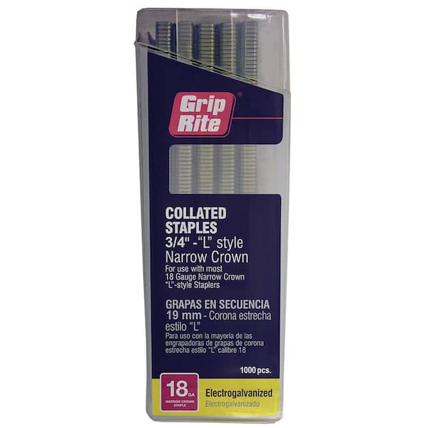 Grip-Rite 3/4 in. x 18-Gauge Adhesive Collated Electrogalvanized L-Style Narrow Crown Staples 1000 per Box