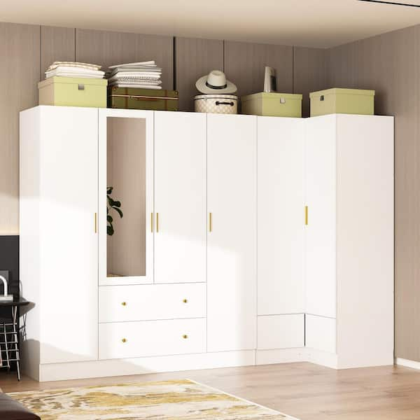 White Wood 98.4 in. W 6-Door Corner Wardrobe Armoires With Mirror, 4 Hanging Rods, 4 Drawers, Storage Shelves