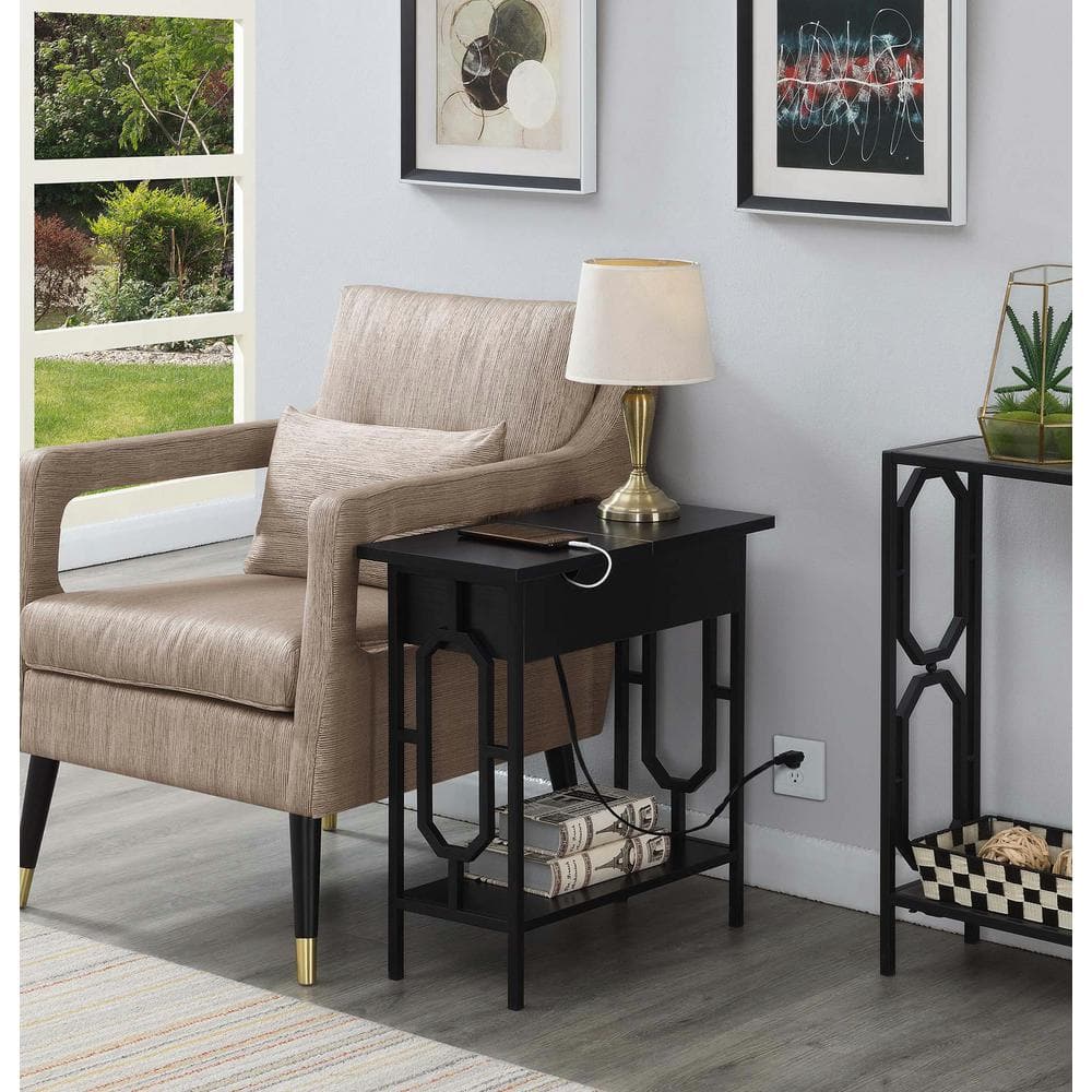 Modern Black Wood & Metal End Table with Charging Station & Storage