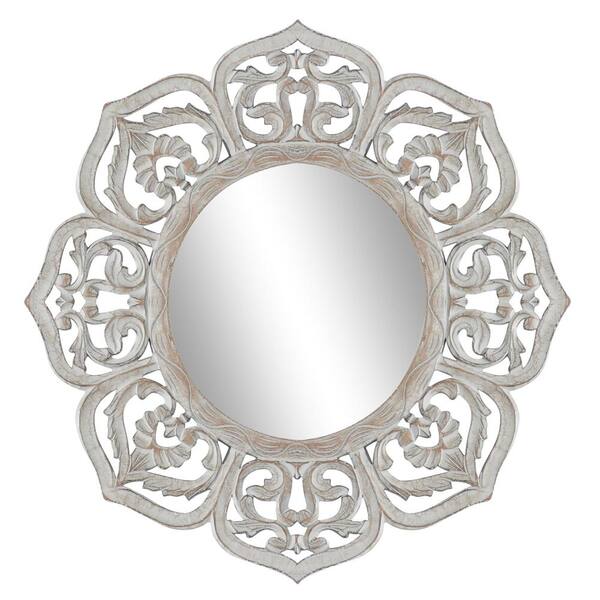 Litton Lane 32 In X Round Distressed White Fl Carved Wood Framed Wall Mirror 22338 The Home Depot Litton Lane 32 In X Round, Carved Wood Mirror Round