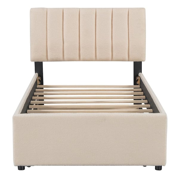Beige Wood Frame Twin Size Teddy Fleece Size Upholstered Platform Bed with Trundle and LED Lights